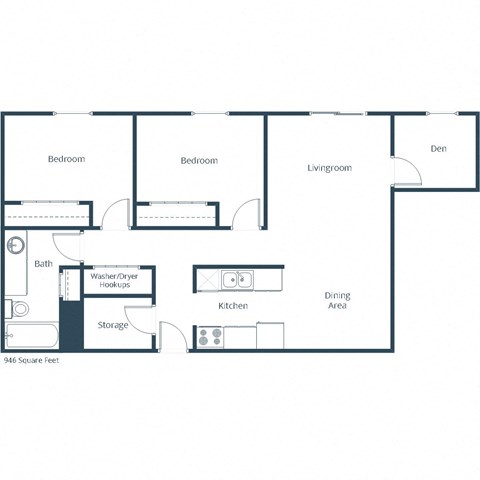 Floor plan for 2 beds, 1 bath, 895 sqft