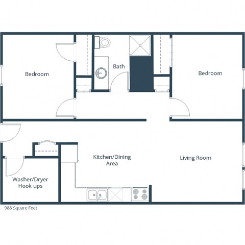 Floor plan for 2 beds, 1 bath, 988 sqft