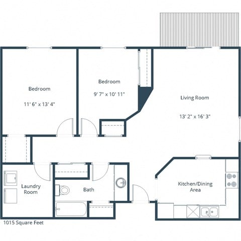 Floor plan for 2 beds, 1 bath, 1015 sqft