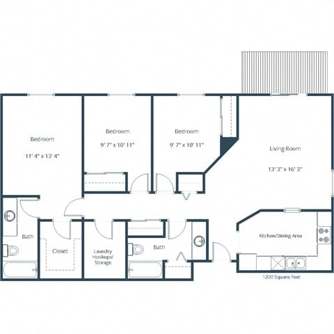 Floor plan for 3 beds, 2 baths, 1200 sqft