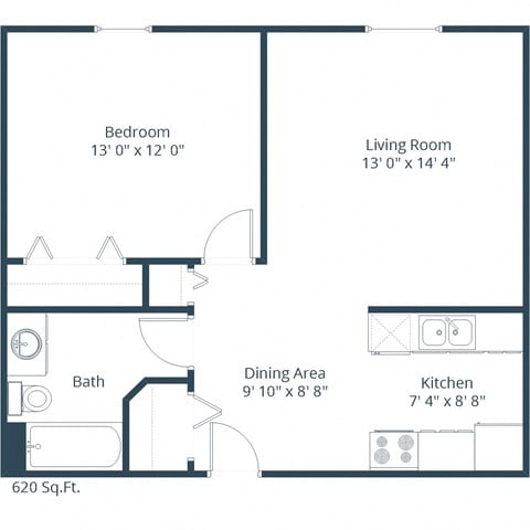Floor plan for 1 bed, 1 bath, 620 sqft