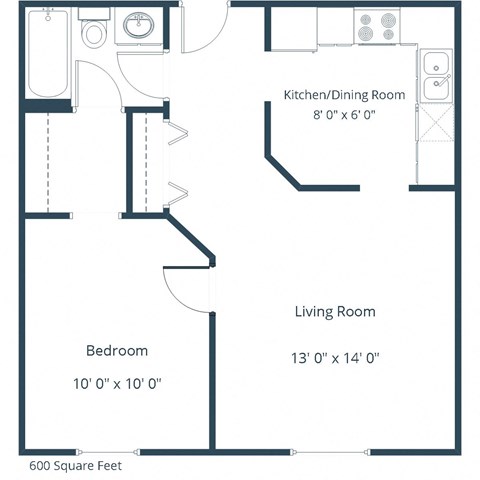 Floor plan for 1 bed, 1 bath, 600 sqft