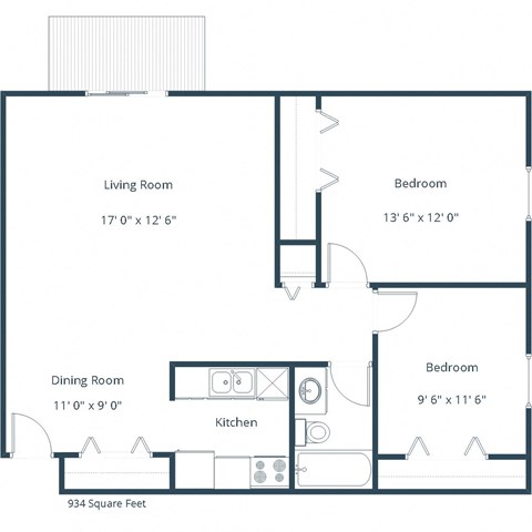 Floor plan for 2 beds, 1 bath, 934 sqft