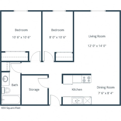 Floor plan for 2 beds, 1 bath, 650 sqft