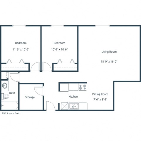 Floor plan for 2 beds, 1 bath, 896 sqft