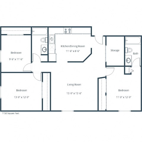 Floor plan for 3 beds, 2 baths, 1150 sqft
