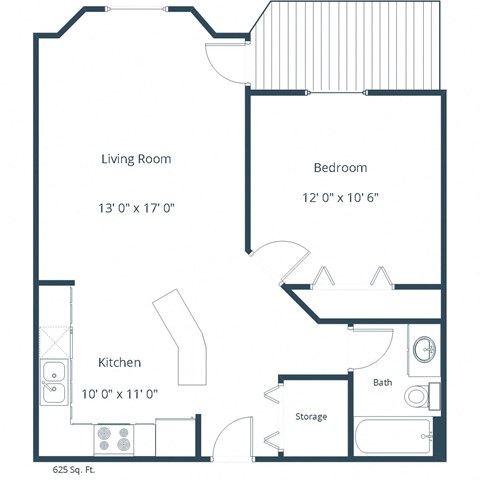 Floor plan for 1 bed, 1 bath, 625 sqft