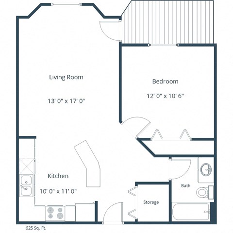 Floor plan for 1 bed, 1 bath, 625 sqft