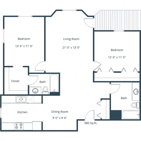 Floor plan for 2 beds, 2 baths, 980 sqft