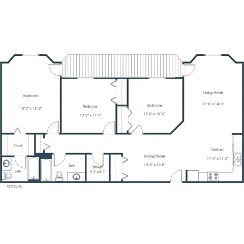 Floor plan for 3 beds, 2 baths, 1275 sqft