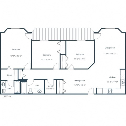 Floor plan for 3 beds, 2 baths, 1275 sqft