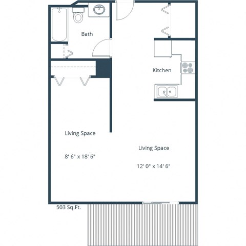 Floor plan for studio, 1 bath, 503 sqft