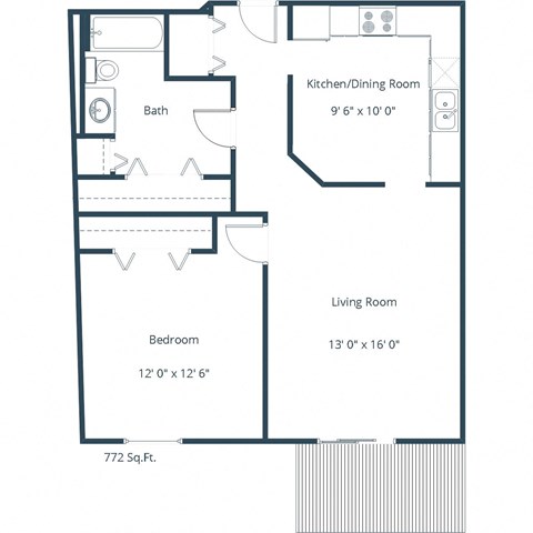 Floor plan for 1 bed, 1 bath, 772 sqft