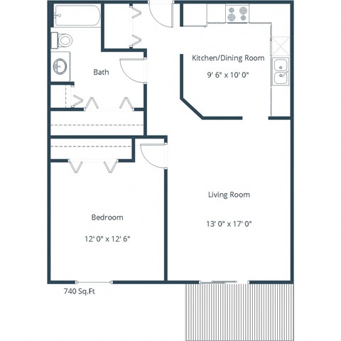 Floor plan for 1 bed, 1 bath, 740 sqft