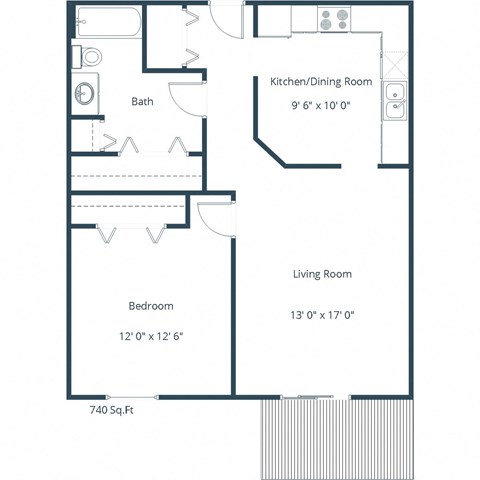 Floor plan for 1 bed, 1 bath, 740 sqft