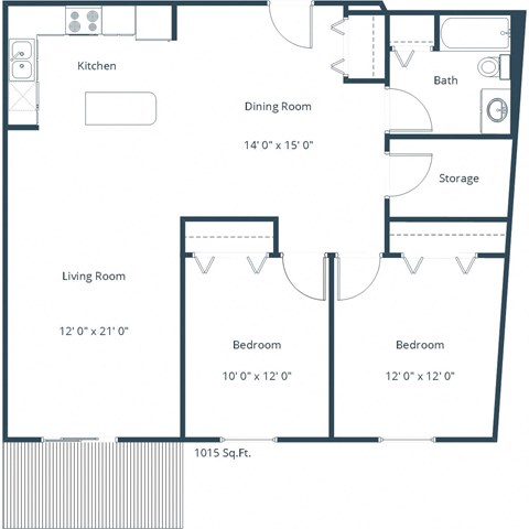 Floor plan for 2 beds, 1 bath, 1014 sqft