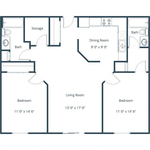 Floor plan for 2 beds, 2 baths, 1041 sqft