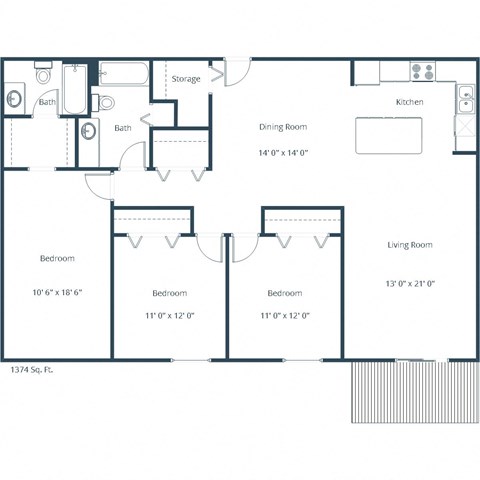Floor plan for 3 beds, 2 baths, 1374 sqft