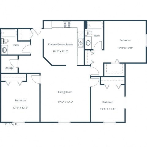 Floor plan for 3 beds, 2 baths, 1315 sqft