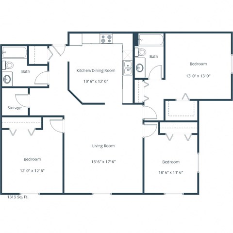 Floor plan for 3 beds, 2 baths, 1315 sqft