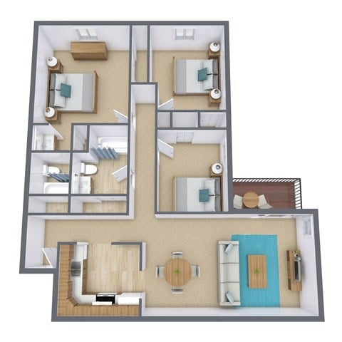 Floor plan for 3 beds, 2 baths, 1200 sqft