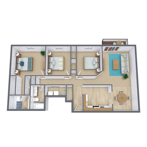 Floor plan for 3 beds, 2 baths