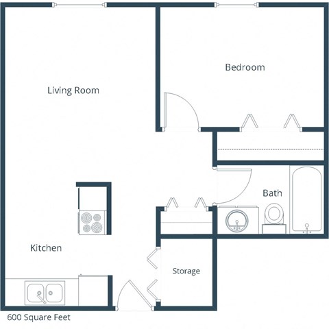 Floor plan for 1 bed, 1 bath, 575 sqft