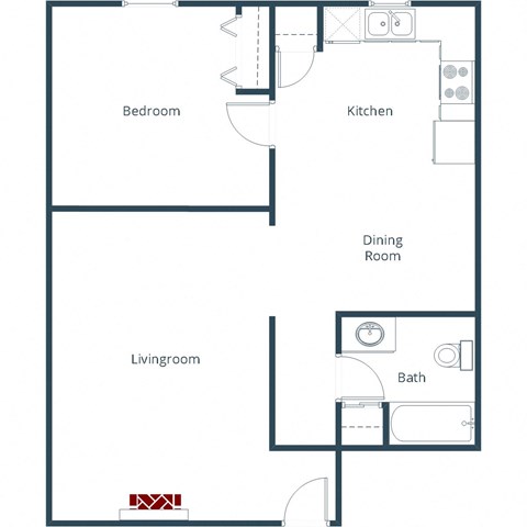 Floor plan for 1 bed, 1 bath, 765 sqft