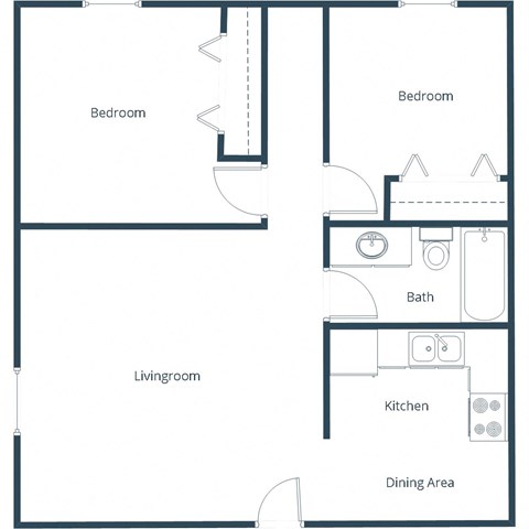 Floor plan for 2 beds, 1 bath