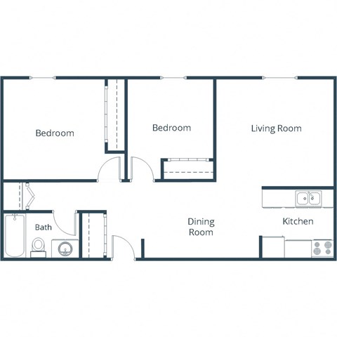 Floor plan for 2 beds, 1 bath, 750 sqft