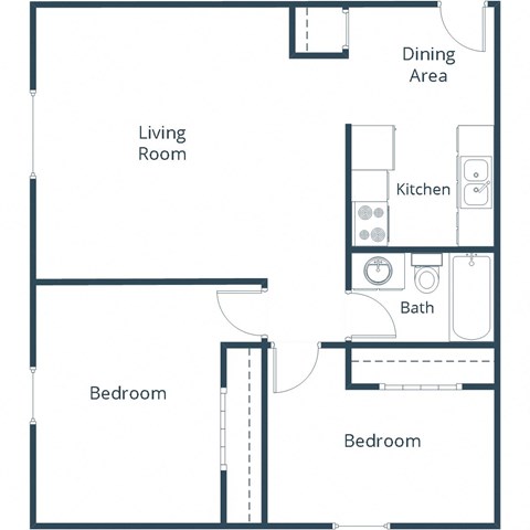 Floor plan for 2 beds, 1 bath, 750 sqft