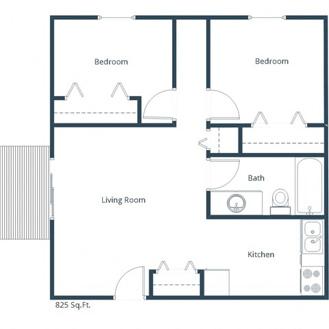 Floor plan for 2 beds, 1 bath, 825 sqft
