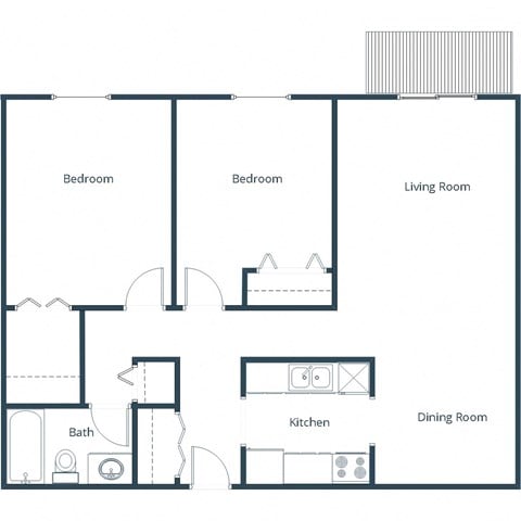 Floor plan for 2 beds, 1 bath, 850 sqft