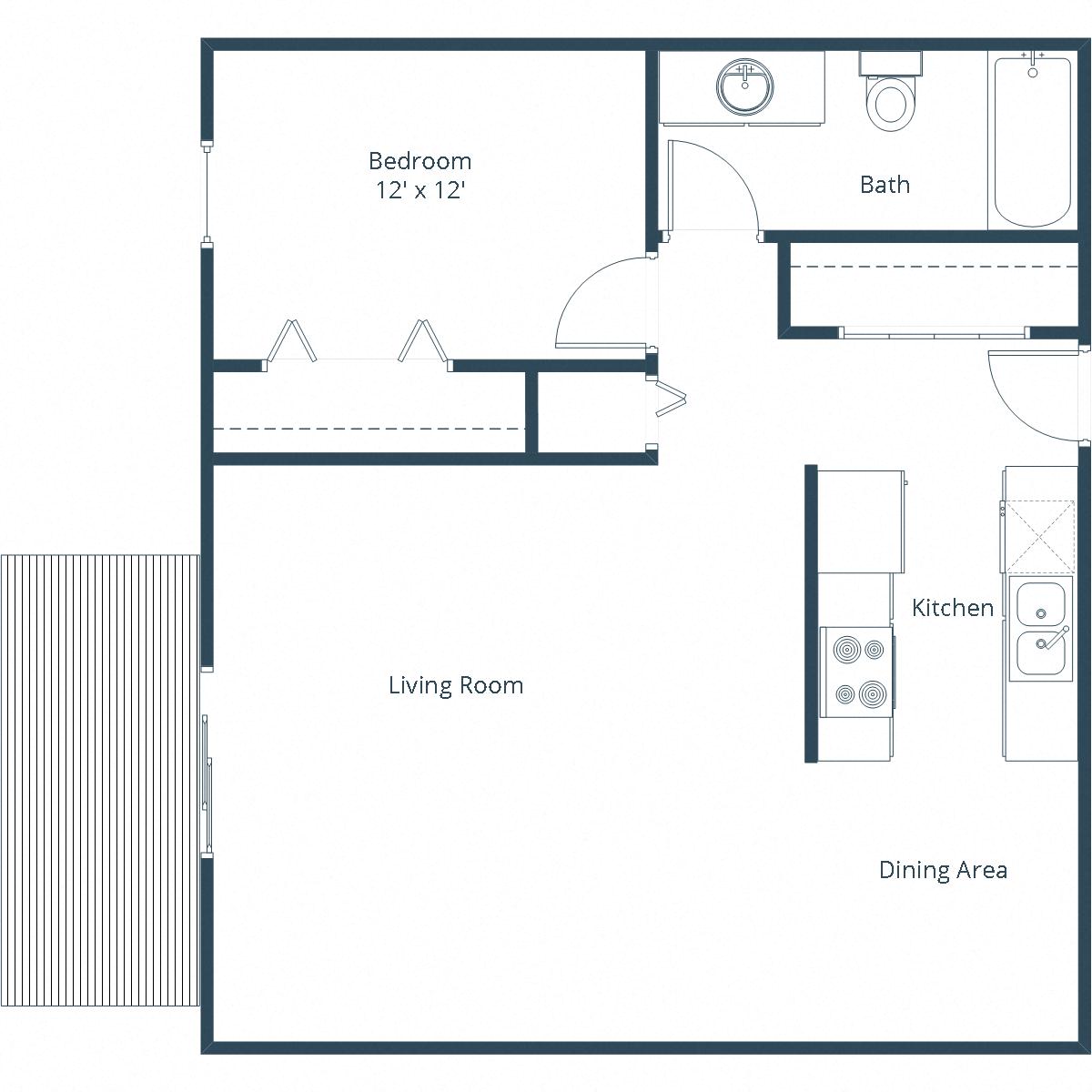 Floor plan for 1 bed, 1 bath, 726 sqft
