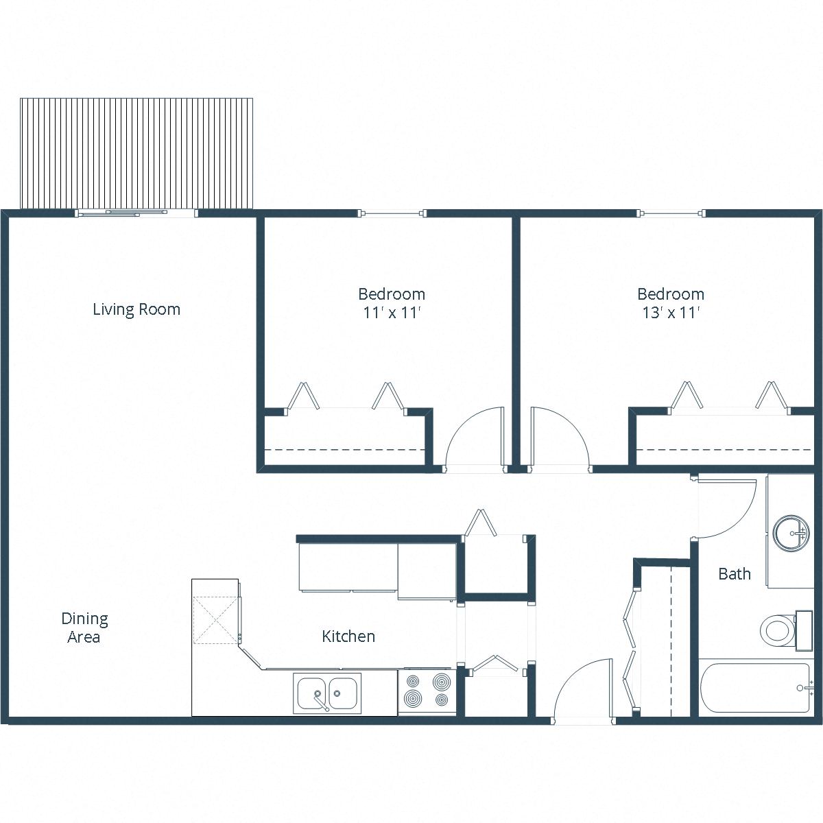 Floor plan for 2 beds, 1 bath, 900 sqft