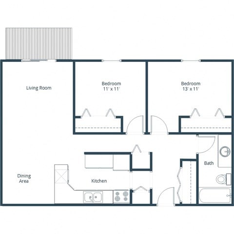 Floor plan for 2 beds, 1 bath, 900 sqft