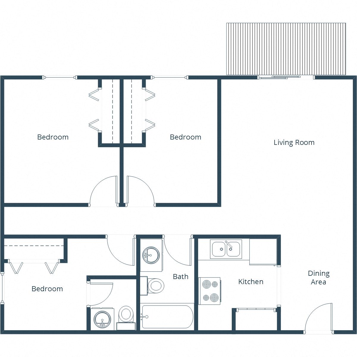 Floor plan for 3 beds, 1.8 baths, 1000 sqft
