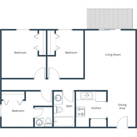 Floor plan for 3 beds, 1.8 baths, 1000 sqft