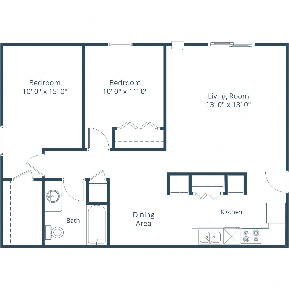 Floor plan for 2 beds, 1 bath, 850 sqft