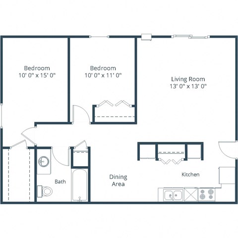 Floor plan for 2 beds, 1 bath, 850 sqft