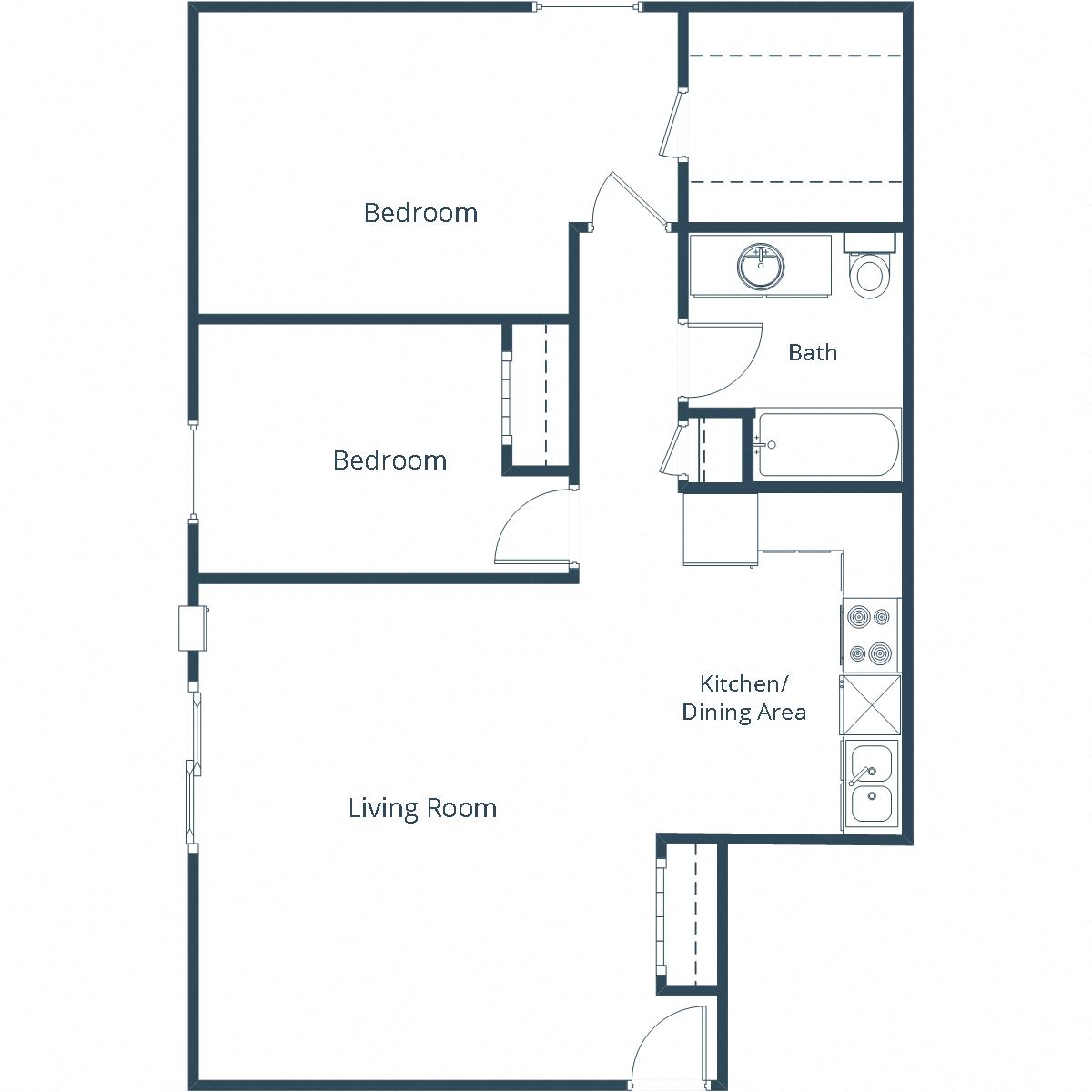 Floor plan for 2 beds, 1 bath, 850 sqft