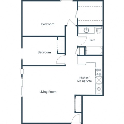 Floor plan for 2 beds, 1 bath, 850 sqft