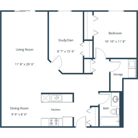 Floor plan for 1 bed, 1 bath, 1095 sqft