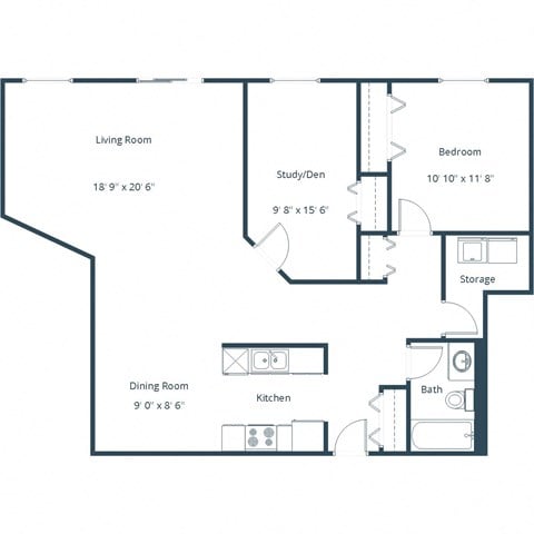 Floor plan for 1 bed, 1 bath, 965 sqft