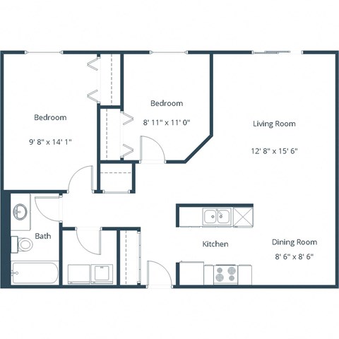 Floor plan for 2 beds, 1 bath, 840 sqft