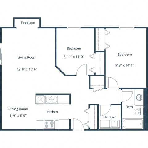 Floor plan for 2 beds, 1 bath, 845 sqft