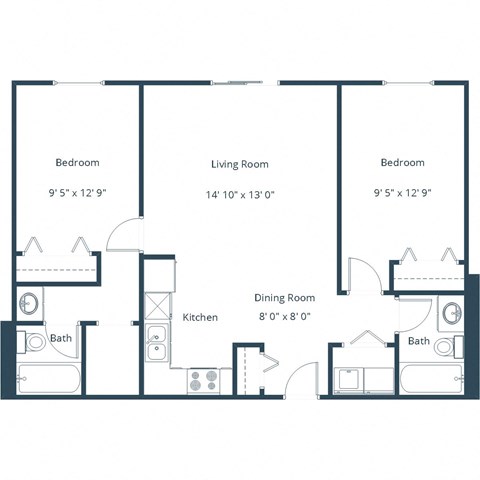 Floor plan for 2 beds, 2 baths, 940 sqft
