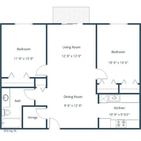 Floor plan for 2 beds, 1 bath, 985 sqft