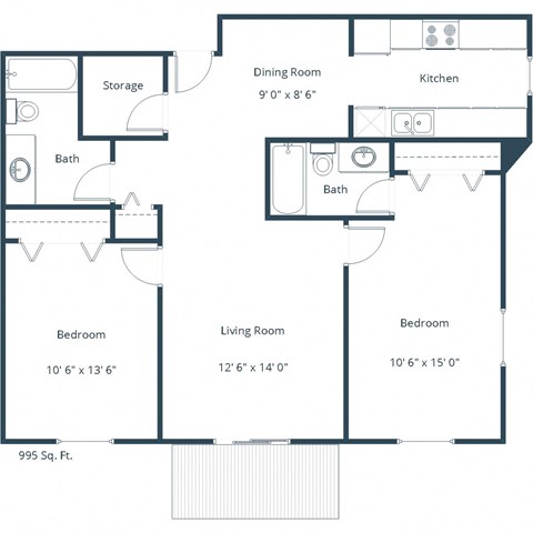 Floor plan for 2 beds, 2 baths, 1060 sqft