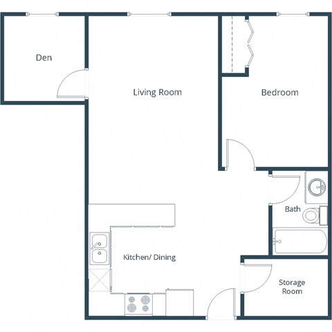 Floor plan for 1 bed, 1 bath, 864 sqft